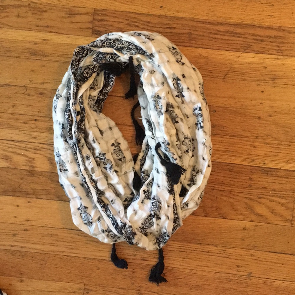 Dark blue and white infinity scarf with tassels